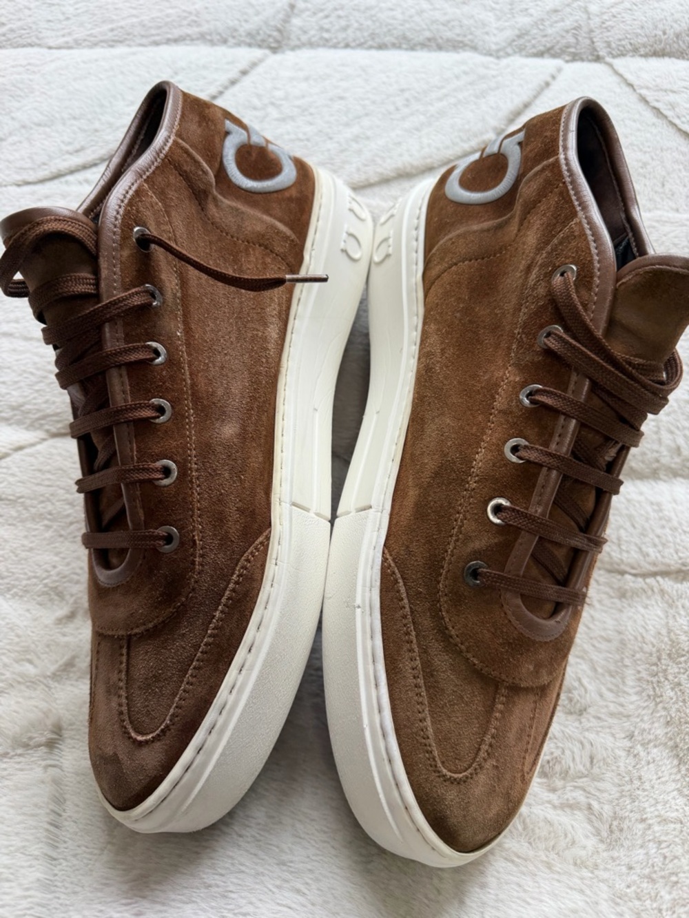 $850 Ferragamo Angel Gancini Parigi Logo Brown Suede Mid-Top Sneakers 10 11 - Picture 4 of 10